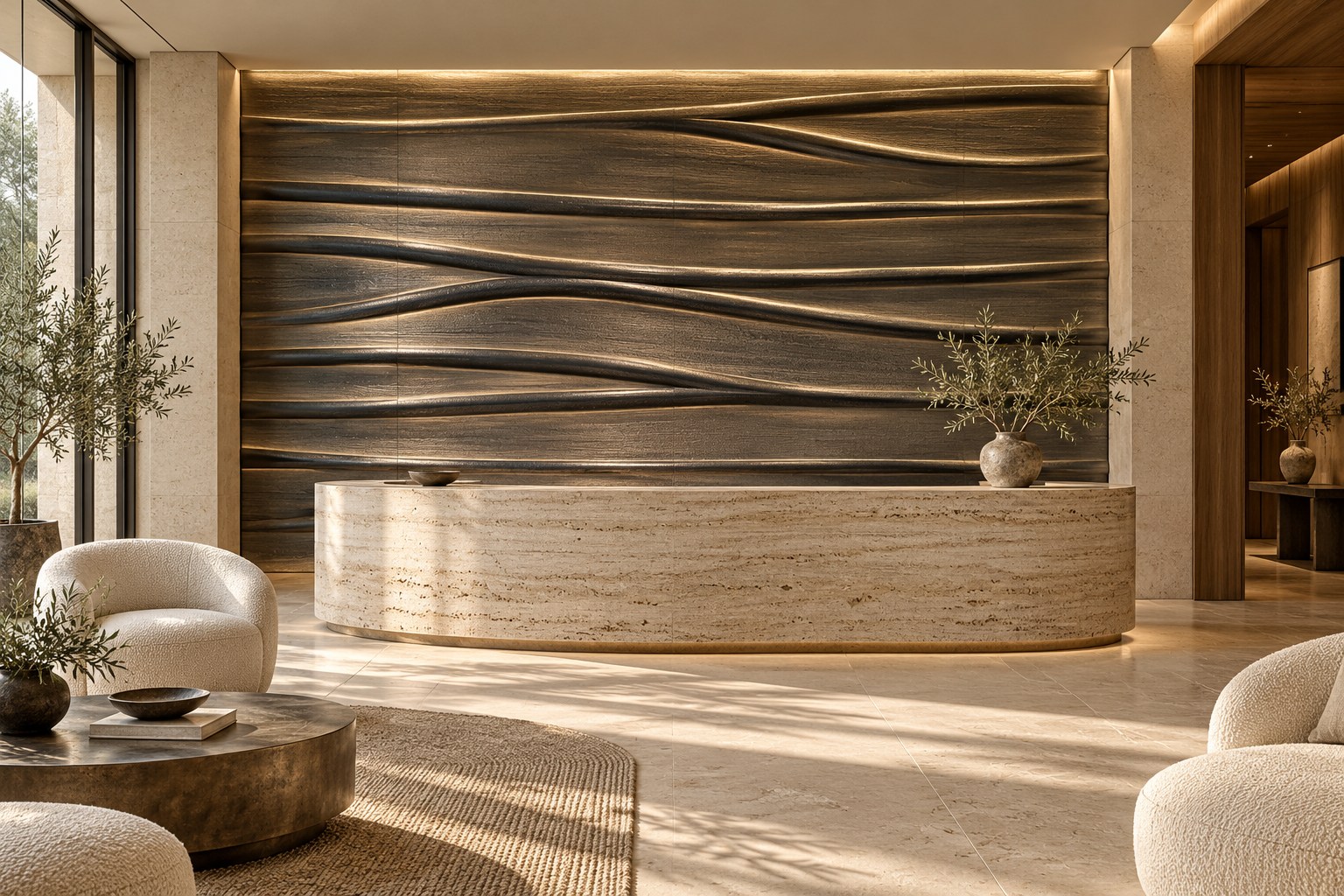 Wave-relief metallic feature wall in a reception interior